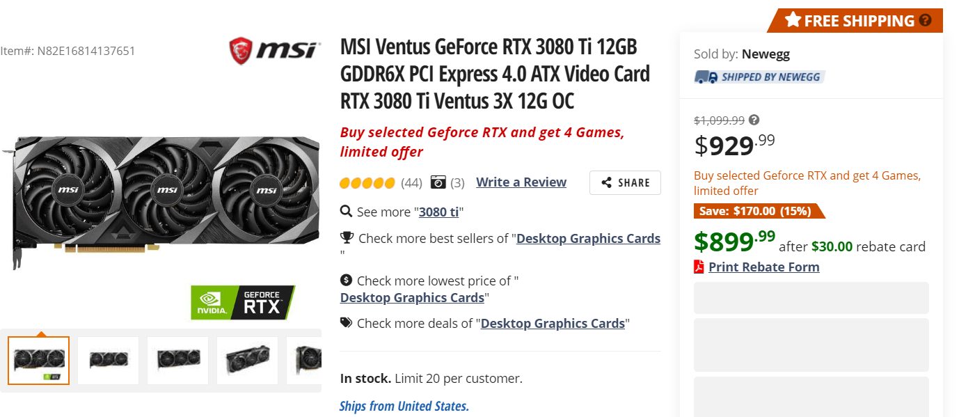 newegg rtx3080ti ราคาตกฮวบ!! NVIDIA GeForce RTX 3080 Ti ลดราคาลงมากถึง 200ดอลล่าฯ ในเวลาเพียง 10วัน เหลือเพียง 900ดอลล่าฯ หรือประมาณ 32,XXXบาท 