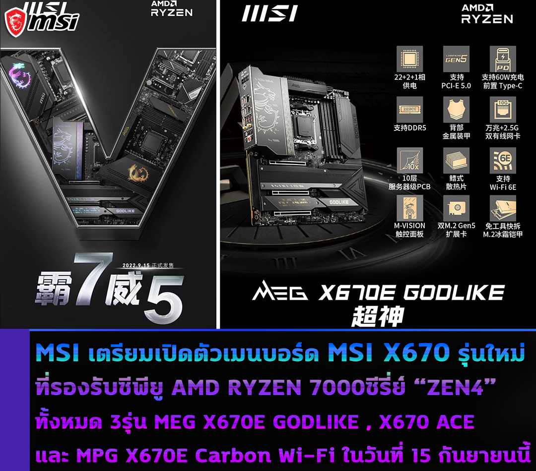 MSI ยืนยันเตรียมเปิดตัวเมนบอร์ด MSI X670 รุ่นใหม่ล่าสุดสำหรับใช้งานกับซีพียู AMD RYZEN 7000ซีรี่ย์ ZEN4 ในวันที่ 15 กันยายนนี้ 