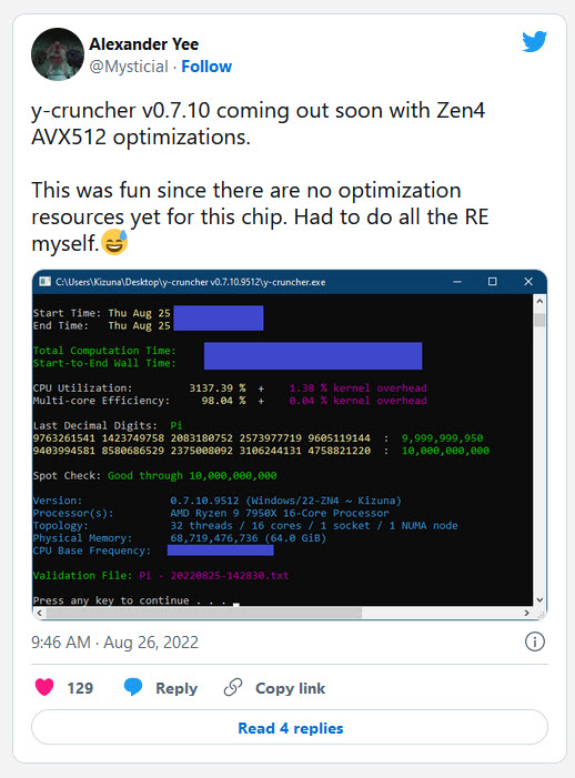 2022 08 28 1 40 55 เผยข้อมูล AMD Ryzen 9 7950X สถาปัตย์ ZEN4 พร้อมรองรับโปรแกรม Y Cruncher และรองรับชุดคำสั่ง 512 bit Advanced Vector Extensions, คำสั่ง AVX512 