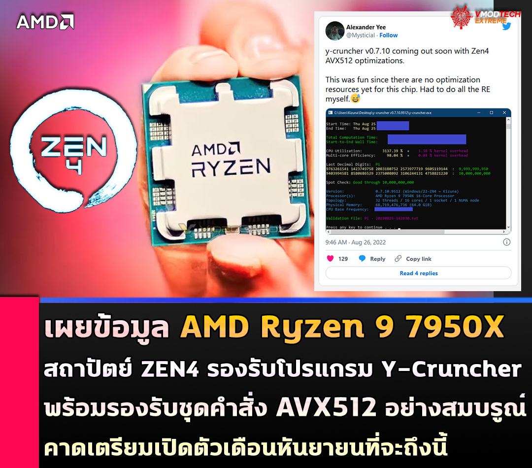 amd ryzen 7000 zen4 avx512 2022 เผยข้อมูล AMD Ryzen 9 7950X สถาปัตย์ ZEN4 พร้อมรองรับโปรแกรม Y Cruncher และรองรับชุดคำสั่ง 512 bit Advanced Vector Extensions, คำสั่ง AVX512 