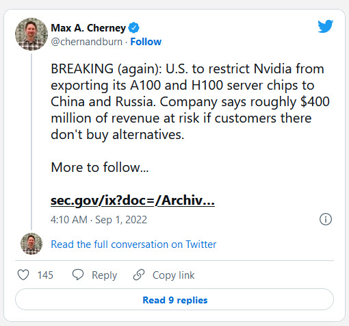 2022 09 01 11 11 49 สหรัฐอเมริกาสั่งควบคุมชิป NVIDIA A100/H100 จำกัดการส่งออกไปยังจีนคาดว่ากระทบรายได้ประมาณ 400 ล้านดอลลาร์ในไตรมาสนี้