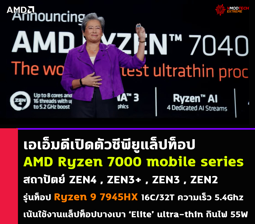 เอเอ็มดีเปิดตัวซีพียู AMD Ryzen 7000 mobile series สถาปัตย์ Zen4 ขนาด 5nm ใหม่ล่าสุดถึง 5รุ่น รุ่นท็อป Ryzen 9 7945HX 16C/32T ความเร็ว 5.4Ghz 