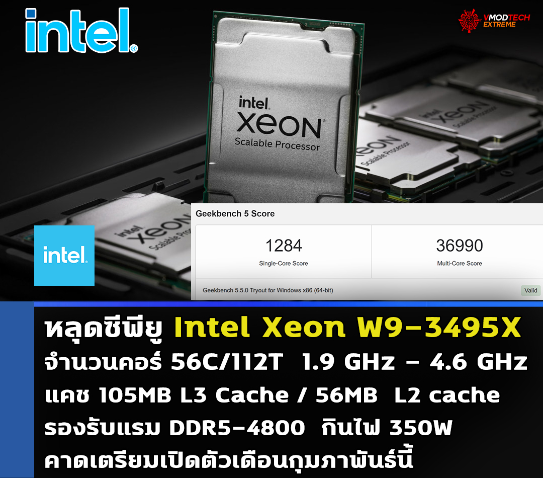 intel xeon w9 3495x หลุดผลทดสอบซีพียู Intel Xeon W9 3495X มีจำนวนคอร์มากถึง 56C/112T คาดเตรียมเปิดตัวเดือนกุมภาพันธ์นี้ 