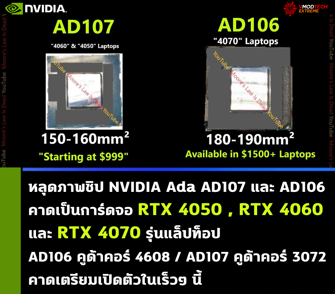 หลุดภาพชิป NVIDIA Ada AD107 และ AD106 คาดเป็นการ์ดจอ RTX 4050 , RTX 4060 และ RTX 4070 รุ่นแล็ปท็อป 