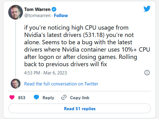 2023 03 07 9 47 42 พบข้อผิดพลาดของไดรเวอร์ Nvidia GeForce ที่อาจทำให้การใช้งานซีพียูเพิ่ม 10% + จาก NVIDIA Container 