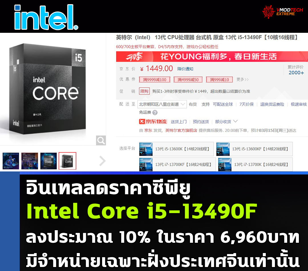 อินเทลลดราคาซีพียู Intel Core i5-13490F ลงประมาณ 10% ในประเทศจีน