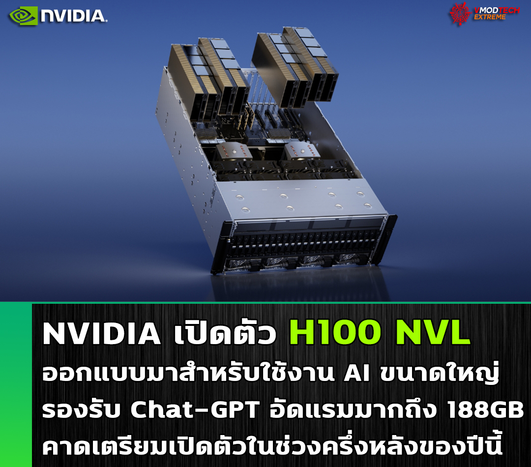 NVIDIA เปิดตัว H100 NVL dual-GPU AI accelerator ออกแบบมาสำหรับใช้งาน AI ขนาดใหญ่รองรับ Chat-GPT ถือเป็น PCIe dual-GPU ครั้งแรกในรอบหลายปี