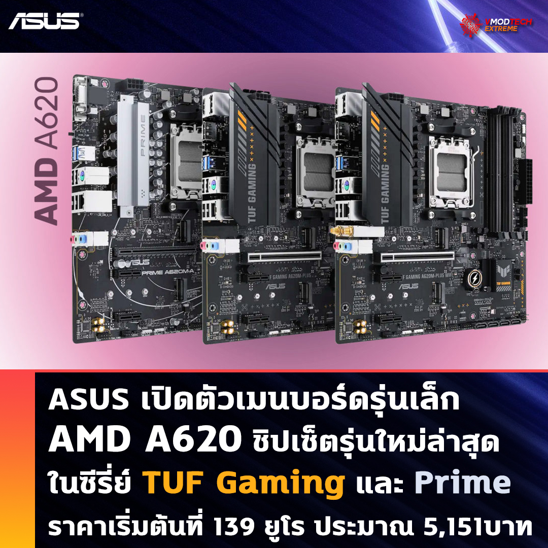 ASUS เปิดตัวเมนบอร์ดรุ่นเล็ก AMD A620 ชิปเซ็ตรุ่นใหม่ล่าสุดในซีรี่ย์ TUF Gaming และ Prime ราคาเริ่มต้นที่ 139 ยูโร ประมาณ 5,151บาท