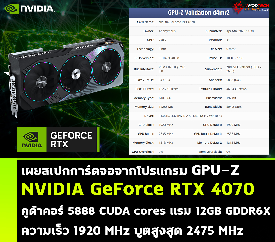 เผยสเปกการ์ดจอ NVIDIA GeForce RTX 4070 จากโปรแกรม GPU-Z มาพร้อมคูด้าคอร์ 5888 CUDA cores แรม 12GB GDDR6X 