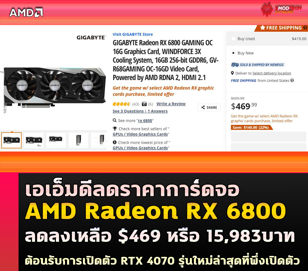 amd radeon rx 6800 drop price เอเอ็มดีลดราคาการ์ดจอ AMD Radeon RX 6800 ลดลงเหลือ $469 หรือ 15,983บาทต้อนรับการเปิดตัว RTX 4070 รุ่นใหม่ล่าสุดที่พึ่งเปิดตัว