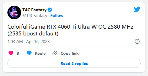 2023 04 16 14 00 21 ลือ!! สเปกการ์ดจอ Nvidia GeForce RTX 4060 Ti มาพร้อมความเร็วสูงสุดมากถึง 2580 MHz boost clock