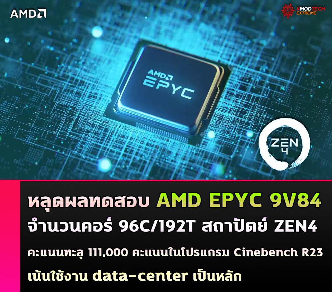 หลุดผลทดสอบ AMD EPYC 9V84 สถาปัตย์ ZEN4 คะแนนทะลุ 111,000 คะแนนในโปรแกรม Cinebench R23