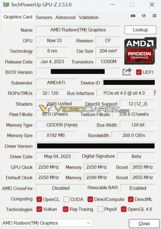 amd radeon rx 7600 gpuz spec 1 หลุดสเปก AMD Radeon RX 7600 ใช้ชิป Navi 33 XL มาพร้อมคอร์ 2048 Stream Processors และแรม 8GB