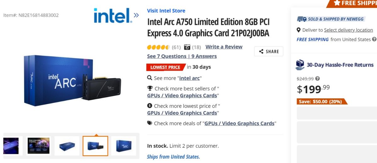 intel arc a750 newegg 1200x519 เผยการ์ดจอ Intel Arc A750 8GB Limited Edition ลดราคากระหน่ำเหลือเพียง $199 หรือประมาณ 6,866บาท