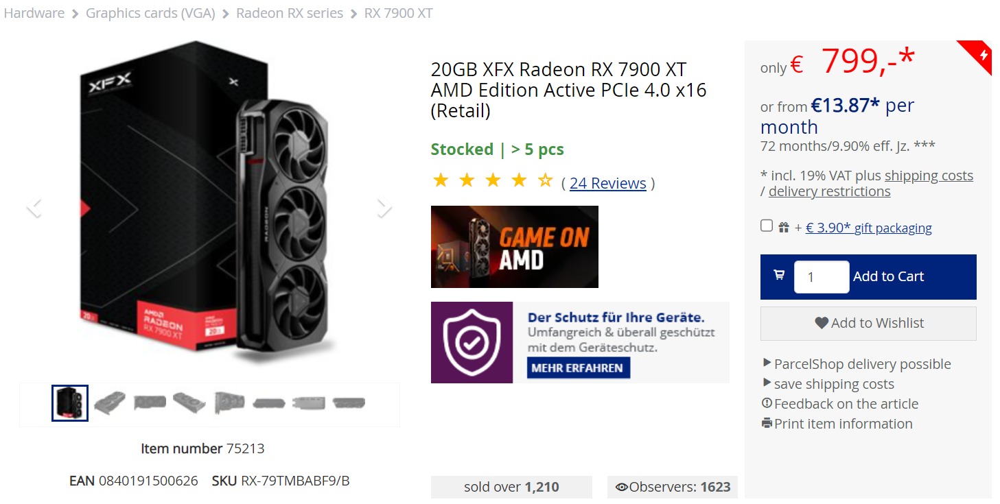 xfx 7900xt price เผยการ์ดจอ AMD Radeon RX 7900 XT ลดราคาลงเหลือ 799 EUR ยูโรในฝั่งเยอรมันนีต่ำกว่าตอนเปิดตัว 24% MSRP 