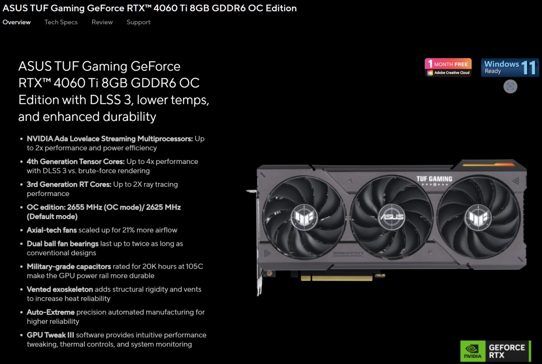 a1  ASUS TUF Gaming GeForce RTX™ 4060 Ti 8GB GDDR6 OC Edition Review