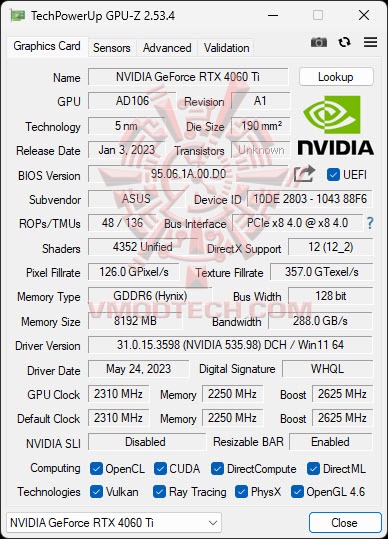 gpuz  ASUS TUF Gaming GeForce RTX™ 4060 Ti 8GB GDDR6 OC Edition Review