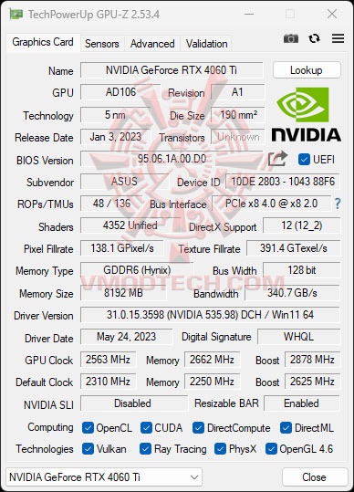 gpuzoc  ASUS TUF Gaming GeForce RTX™ 4060 Ti 8GB GDDR6 OC Edition Review