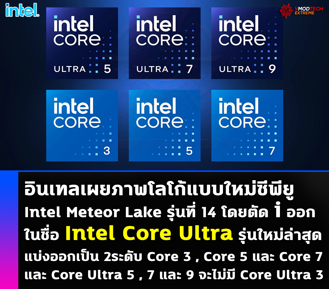 intel meteor lake intel core ultra logo อินเทลเผยภาพโลโก้ใหม่ซีพียู Intel Meteor Lake รุ่นที่ 14 โดยตัด i ออกในชื่อ Intel Core Ultra รุ่นใหม่ล่าสุด