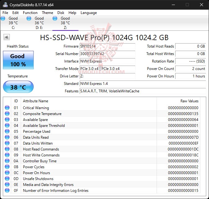 diskinfo HIKSEMI WAVE PRO PCIe 3.0 NVMe M.2 SSD 1024 GB Review