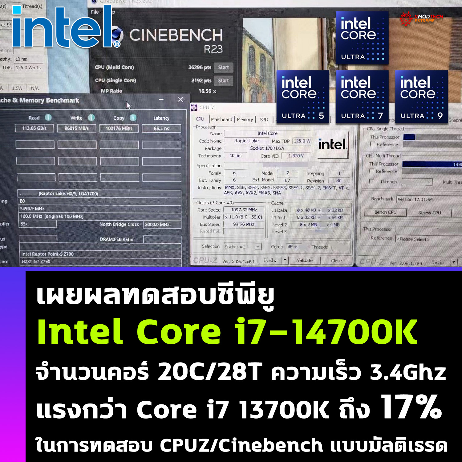 intel core i7 14700k benchmark เผยผลทดสอบซีพียู Intel Core i7 14700K แรงกว่า 13700K ถึง 17% ในการทดสอบ CPUZ/Cinebench แบบมัลติเธรด