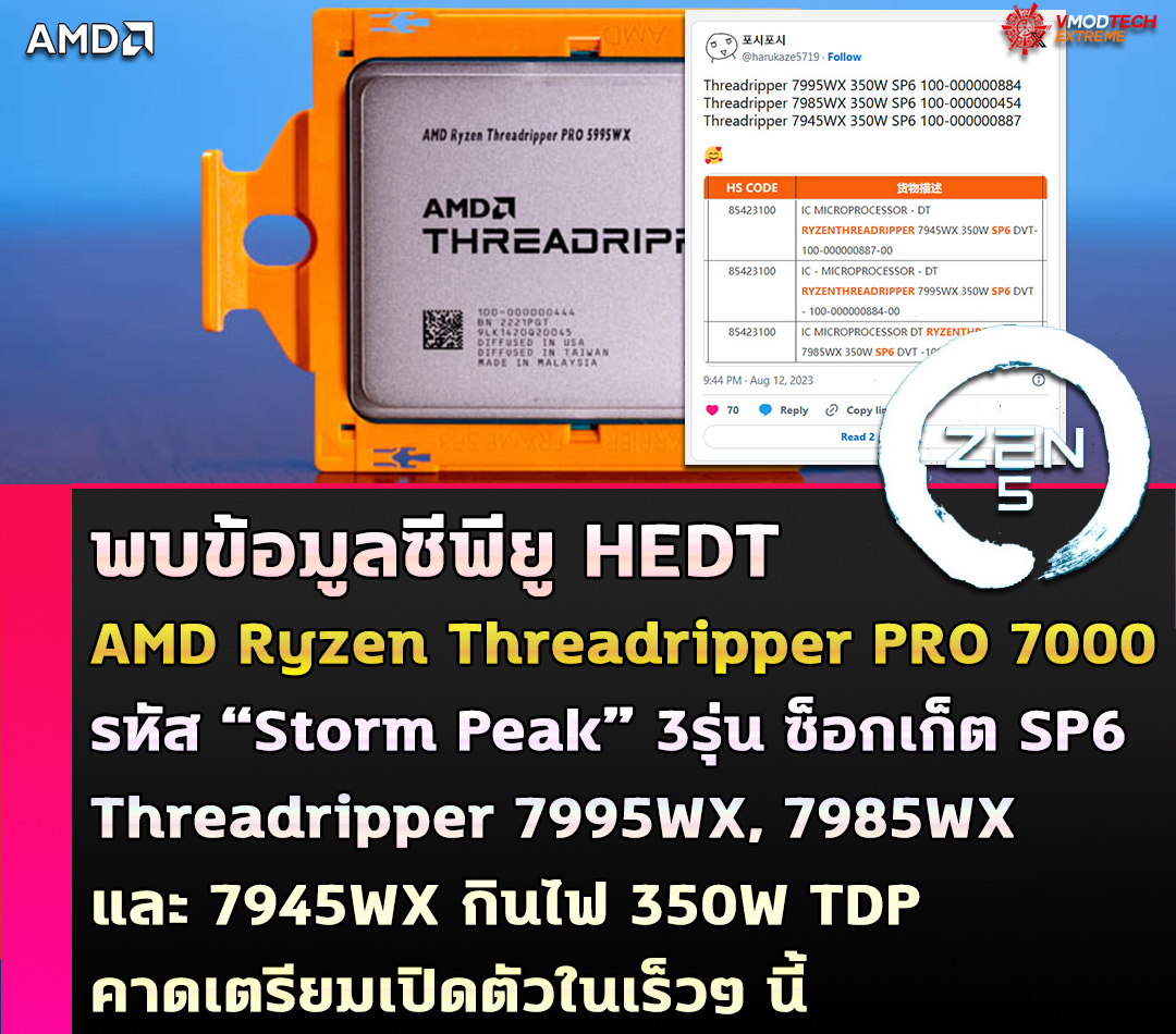 amd ryzen threadripper 7995wx 7985wx 7945wx พบข้อมูลซีพียู AMD Ryzen Threadripper 7995WX, 7985WX และ 7945WX กินไฟประมาณ 350W TDP คาดเตรียมเปิดตัวในเร็วๆ นี้