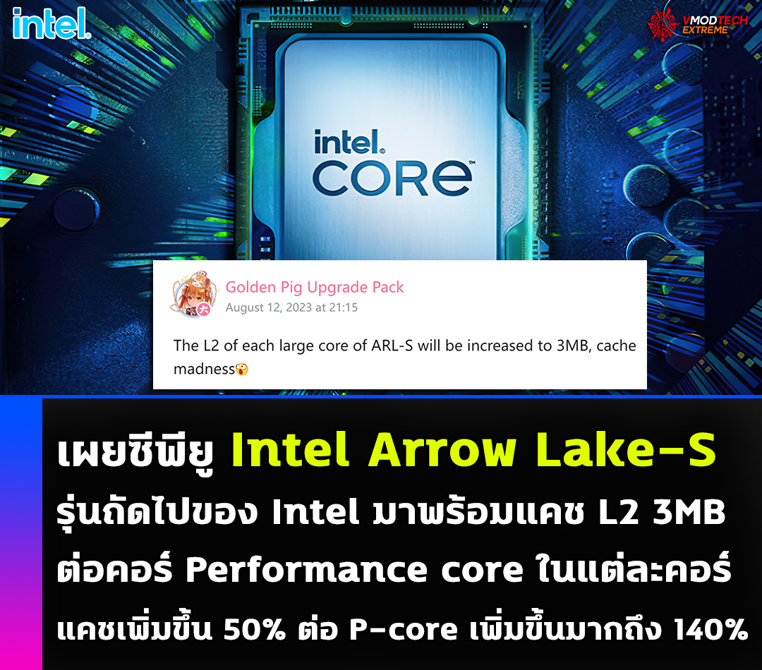 เผยซีพียู Intel Arrow Lake-S รุ่นถัดไปของ Intel มาพร้อมแคช L2 3MB ต่อคอร์ Performance core ในแต่ละคอร์