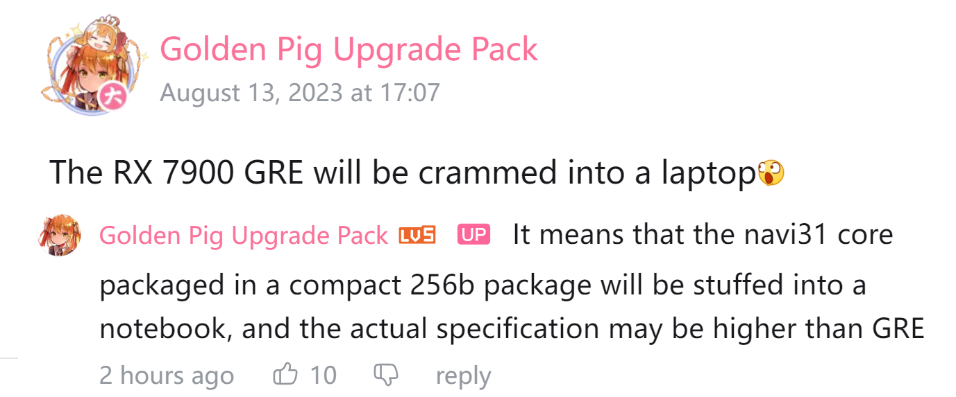 rx7900gre goldenpig ลือ!!เอเอ็มดีเตรียมนำการ์ดจอ AMD Radeon RX 7900 Golden Rabbit Edition (GRE) ลงแล็ปท็อปในรุ่น Radeon RX 7900M ในเร็วๆ นี้