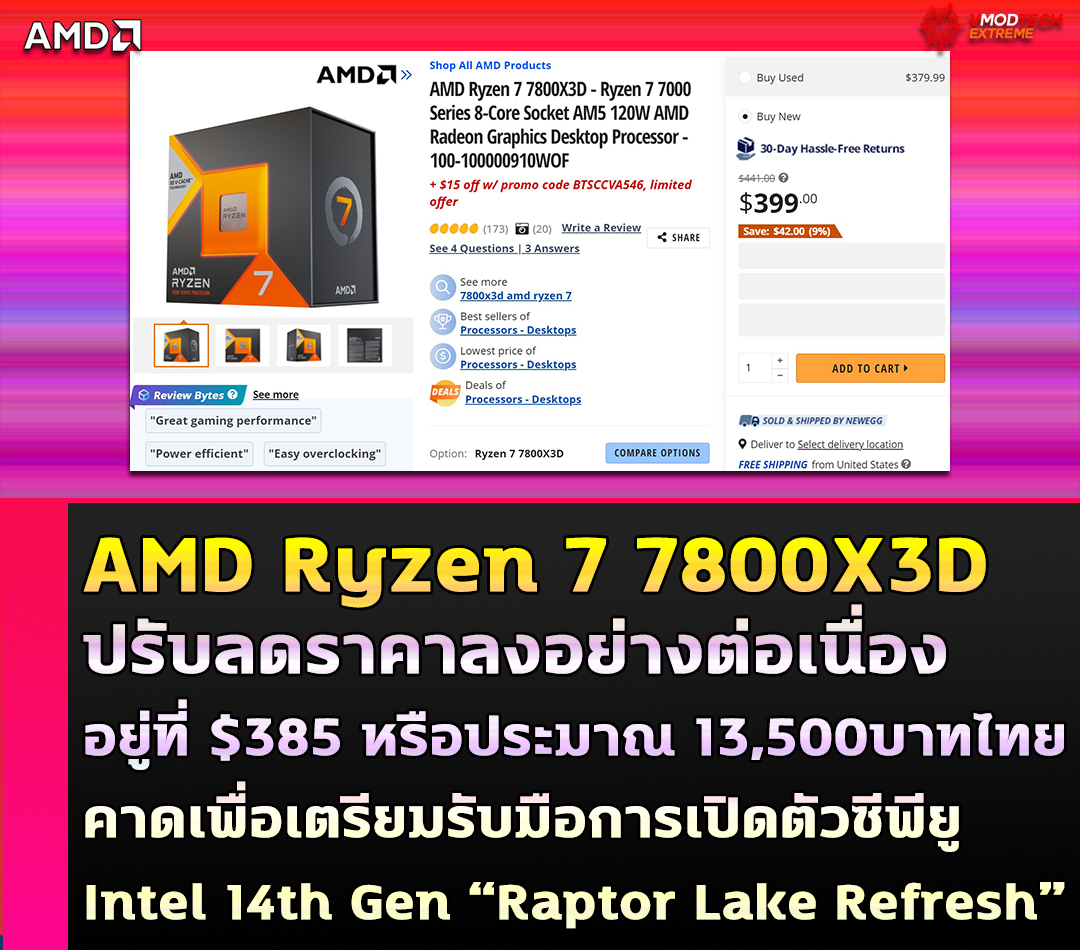 amd ryzen 7 7800x3d drop price AMD Ryzen 7 7800X3D ปรับลดราคาลงอย่างต่อเนื่องอยู่ที่ $385 หรือประมาณ 13,500บาทไทย