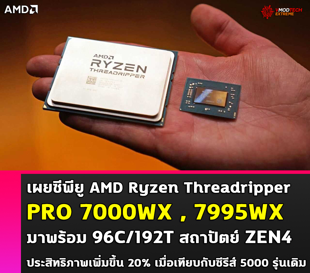 amd ryzen threadripper pro 7000wx 7995wx เผยซีพียู AMD Ryzen Threadripper PRO 7000WX , 7995WX มาพร้อม 96C/192T สถาปัตย์ ZEN4