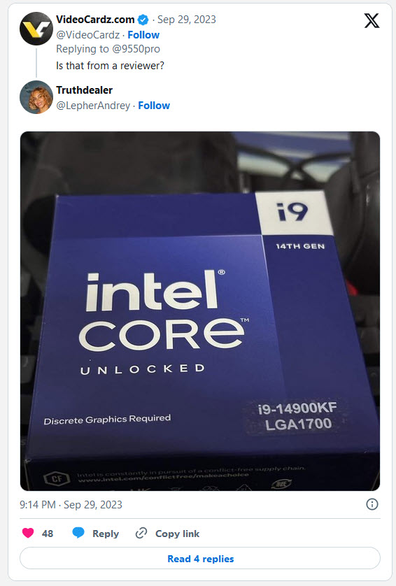 2023 09 30 9 06 04 หลุดซีพียู Intel Core i9 14900K รุ่นที่ 14 รุ่นใหม่ของ Intel ได้จัดส่งให้กับนักรีวิวแล้ว