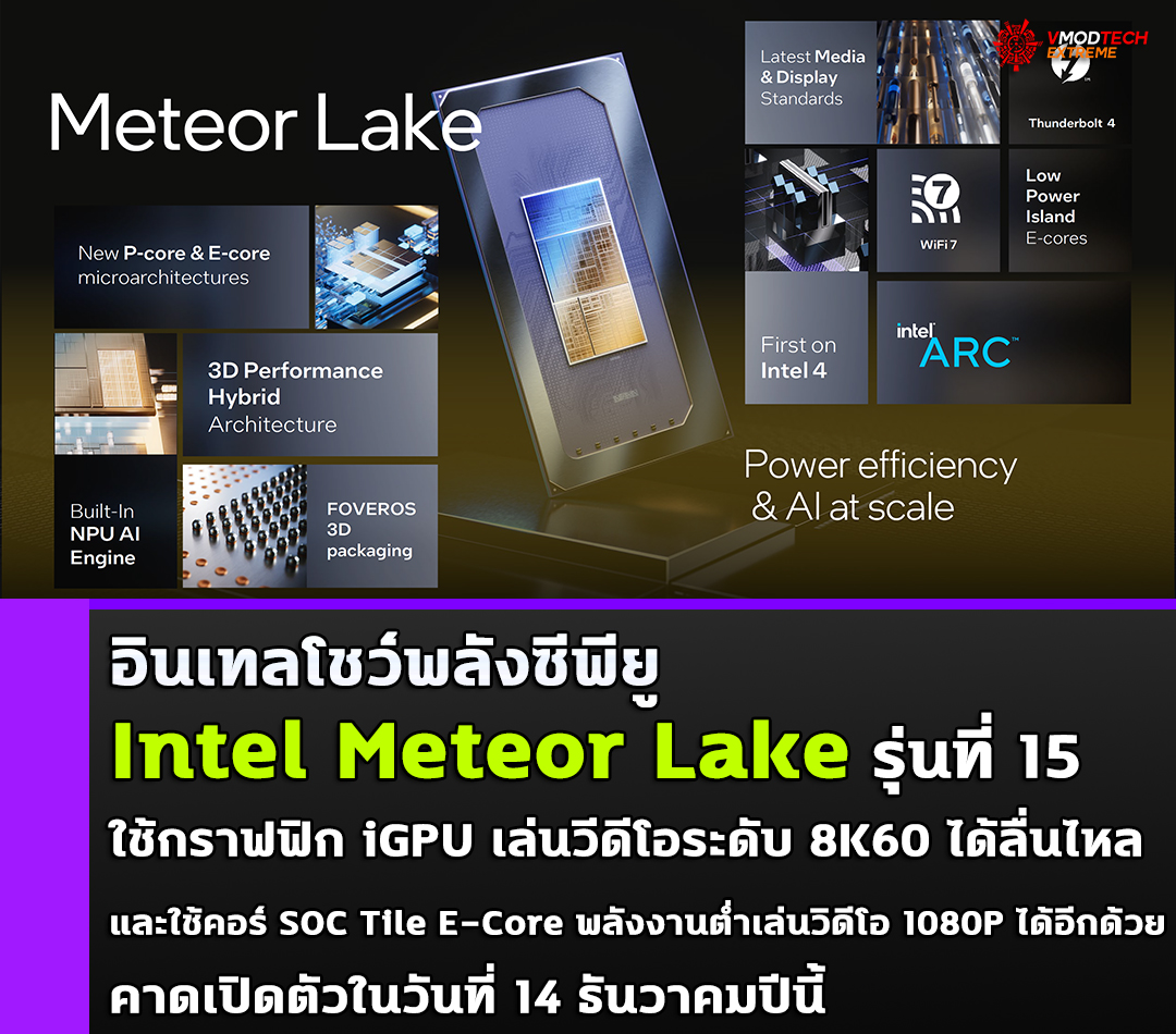 intel meteor lake test igpu 8k601 อินเทลเผยซีพียู Intel Meteor Lake ใช้กราฟฟิกในตัว iGPU เล่นวีดีโอระดับ 8K60 ได้ลื่นไหลและใช้คอร์ SOC Tile E Core พลังงานต่ำเล่นวิดีโอ 1080P ได้อีกด้วย 