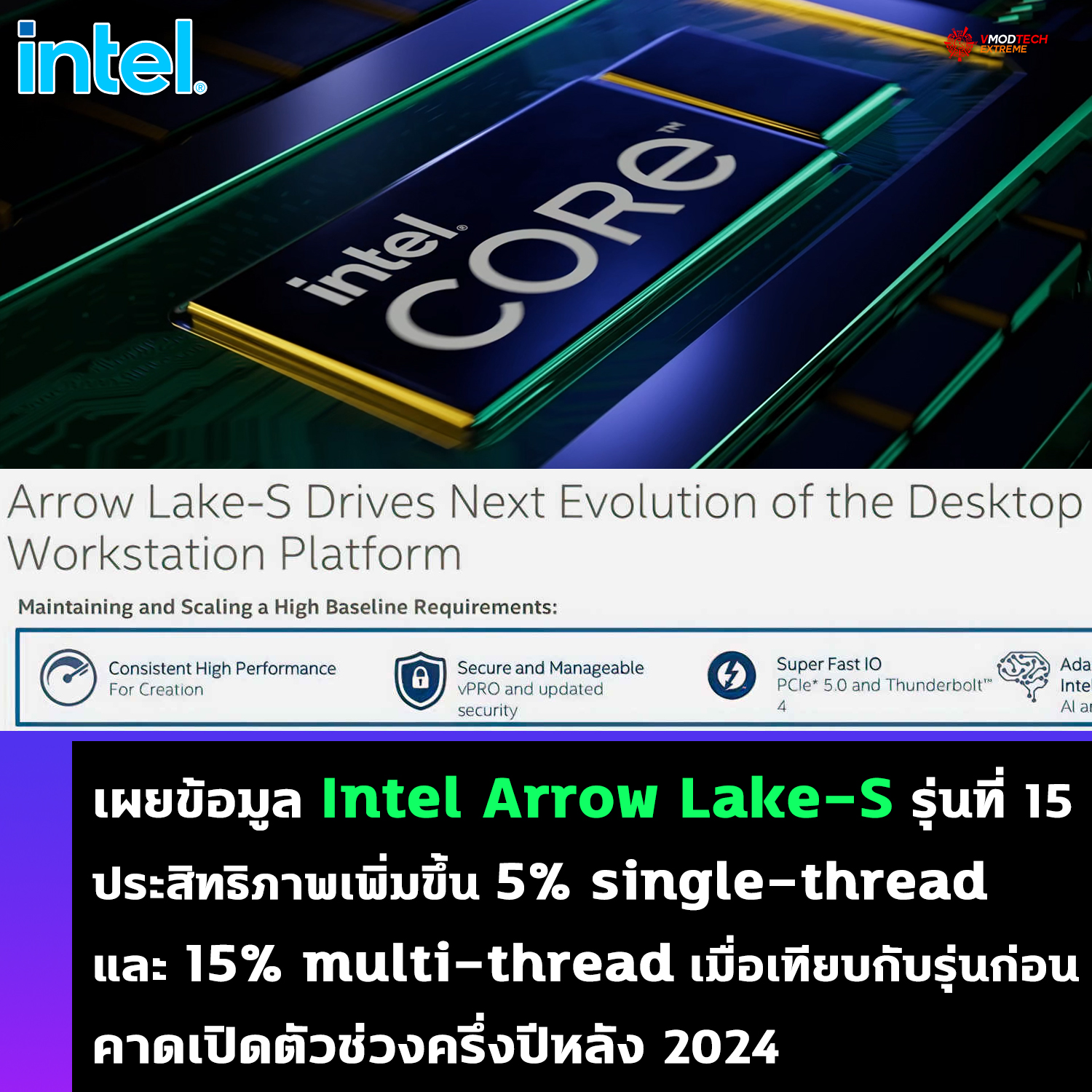 intel arrow lake s performace เผยข้อมูล Intel Arrow Lake S รุ่นที่ 15 ประสิทธิภาพเพิ่มขึ้น 5% single thread และ 15% multi thread เมื่อเทียบกับรุ่นก่อนหน้า