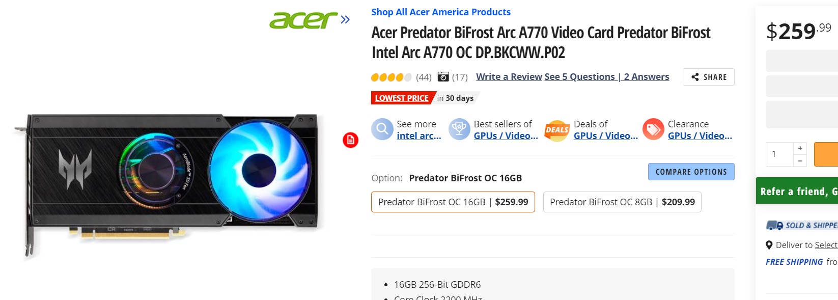 acer a770 การ์ดจอ Acer Arc A770 Predator BiFrost แรม 16GB VRAM ลดราคาเหลือเพียง 259 USD หรือประมาณ 9,401บาท