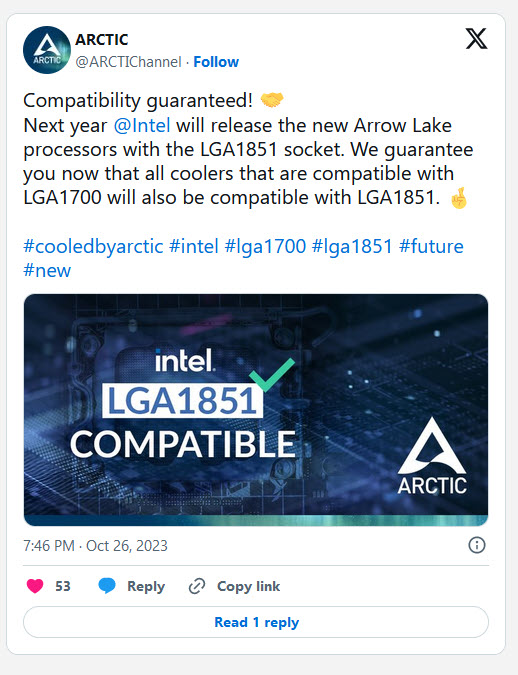 2023 10 27 18 30 08 เผยชุดฮีตซิงค์ ARCTIC ซ๊อกเก็ตปัจจุบัน LGA1700 สามารถใช้งานได้กับซีพียู Intel Arrow Lake รุ่นที่ 15 