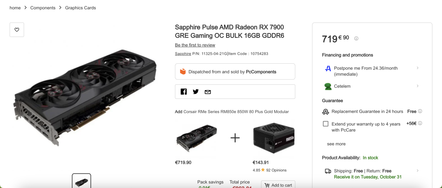 screenshot 2023 10 29 at 53231 pm 1456x620 เผยการ์ดจอ AMD Radeon RX 7900 GRE มีวางจำหน่ายแบบ DIY เครื่องประกอบในฝั่งยุโรปในราคาเริ่มต้นที่ €720 ยูโร