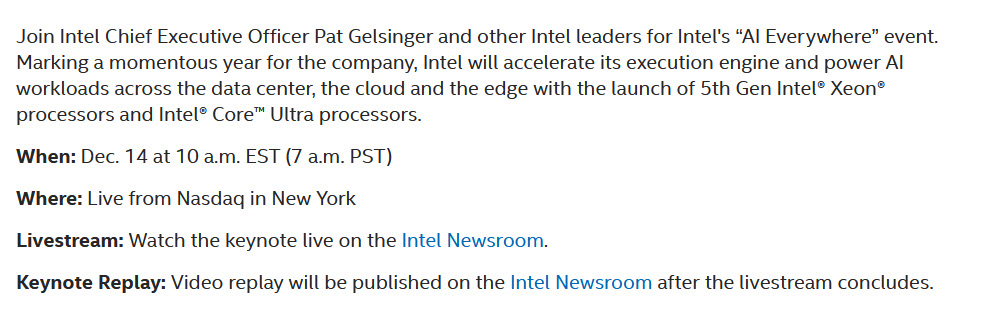 2023 11 01 12 30 03 Intel ประกาศงานเปิดตัว “AI Everywhere” ในวันที่ 14 ธันวาคมที่จะถึงนี้สำหรับซีพียู Core Ultra “Meteor Lake” และซีพียู Xeon รุ่นที่ 5 ที่กำลังจะเปิดตัวในเร็วๆ นี้