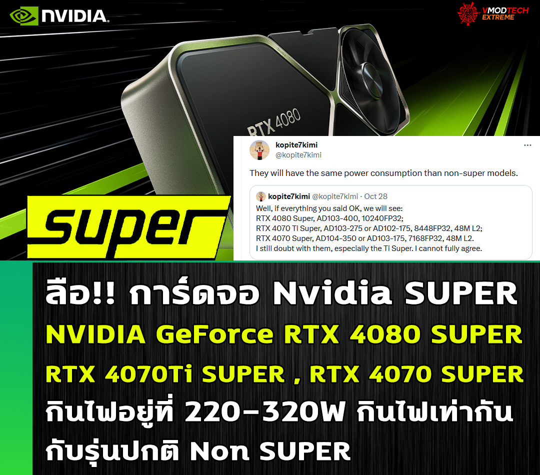 ลือ!! การ์ดจอ NVIDIA GeForce RTX 4080 , RTX 4070Ti และ RTX 4070 SUPER กินไฟอยู่ที่ 220-320W 