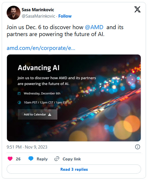 2023 11 10 13 35 33 AMD ได้ประกาศกิจกรรม Advancing AI ในวันที่ 6 ธันวาคมนี้ เตรียมพร้อมสำหรับการเปิดตัว Instinct MI300 Series และผลิตภัณฑ์อื่นๆ อีกมากมาย