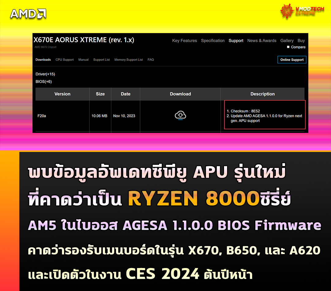 พบข้อมูลอัพเดทซีพียู APU รุ่นใหม่ที่คาดว่าเป็น RYZEN 8000ซีรี่ย์ AM5 ในไบออส AGESA 1.1.0.0 BIOS Firmware 