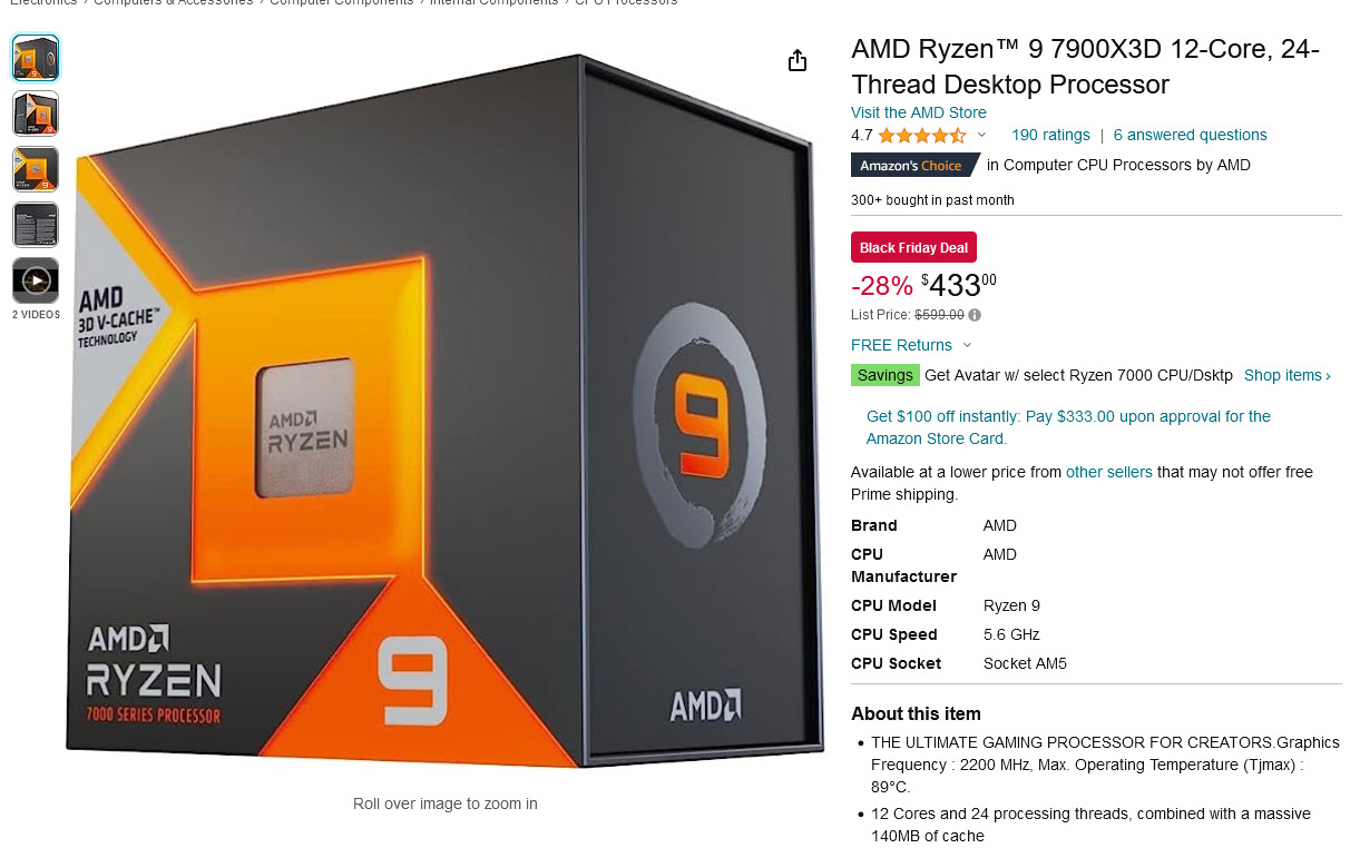 2023 11 24 10 10 52 AMD Ryzen 9 7900X3D ราคาลดลงเหลือ $433 หรือประมาณ 15,349บาท ช่วงเทศกาล Black Friday