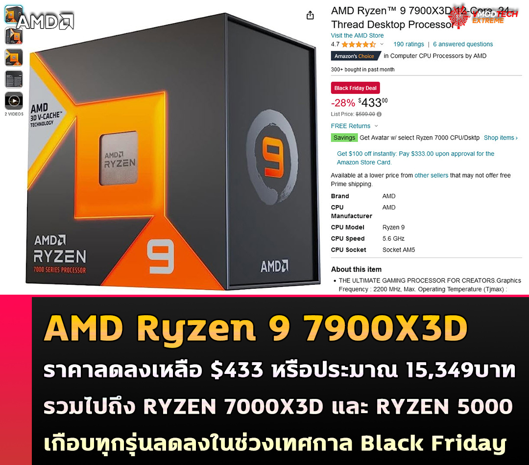 amd ryzen 9 7900x3d drop price 433usd AMD Ryzen 9 7900X3D ราคาลดลงเหลือ $433 หรือประมาณ 15,349บาท ช่วงเทศกาล Black Friday