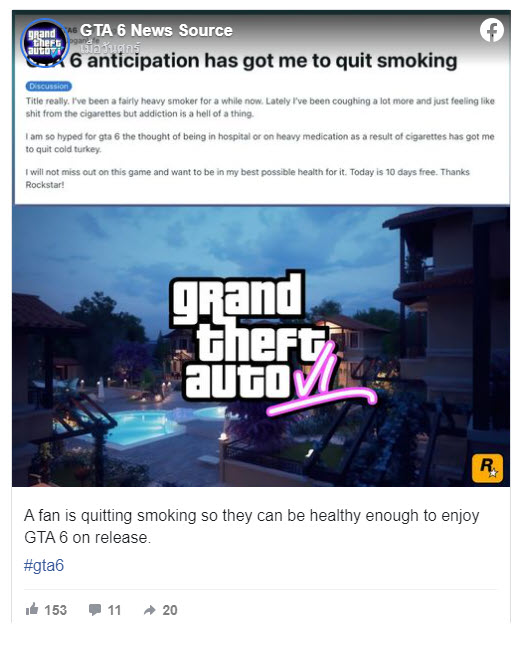 2023 11 28 13 11 42 แฟนเกม GTA 6 ห่วงสุขภาพกลัวตายยอมเลิกบุหรี่เพื่อได้เล่นเกมและเห็นการเปิดตัวของเกม GTA 6 