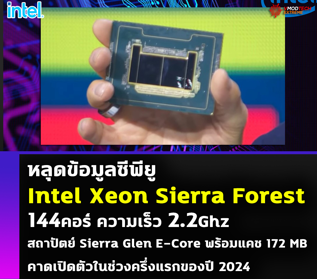 intel xeon sierra forest หลุดข้อมูลซีพียู Intel Xeon Sierra Forest 144คอร์ สถาปัตยกรรม Sierra Glen E Core พร้อมแคช 172 MB 