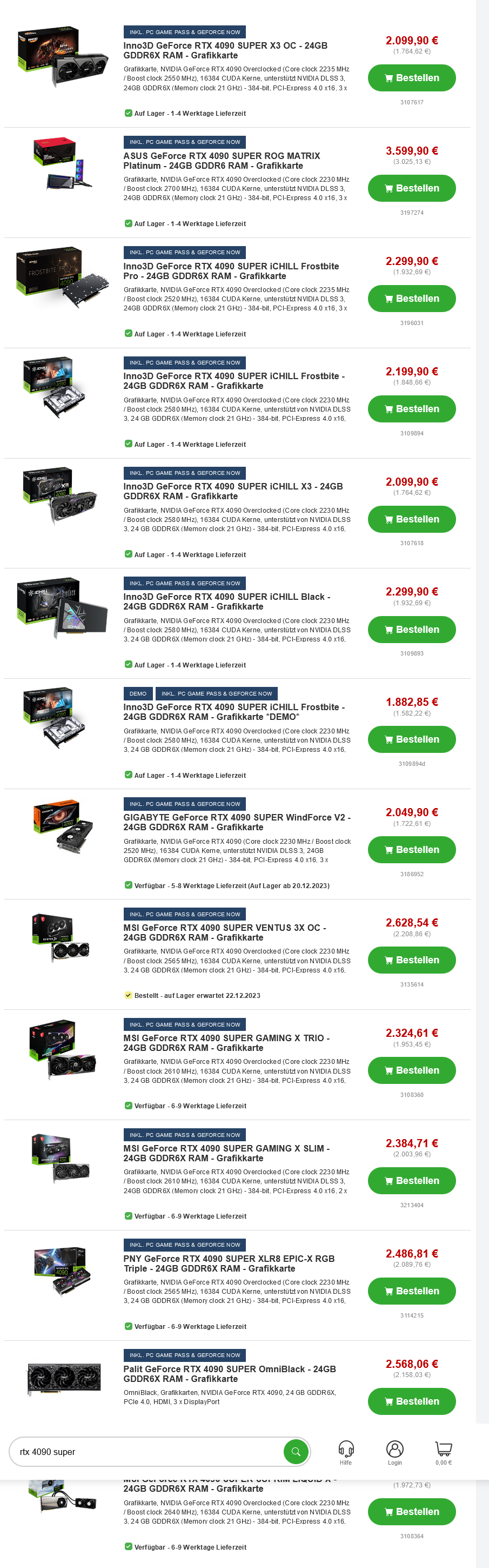 screenshot 2023 12 18 at 09 47 04 https   wwwproshopde หลุดรายชื่อการ์ดจอ Nvidia GeForce RTX 4090 SUPER ถูกวางจำหน่ายในฝั่งยุโรป