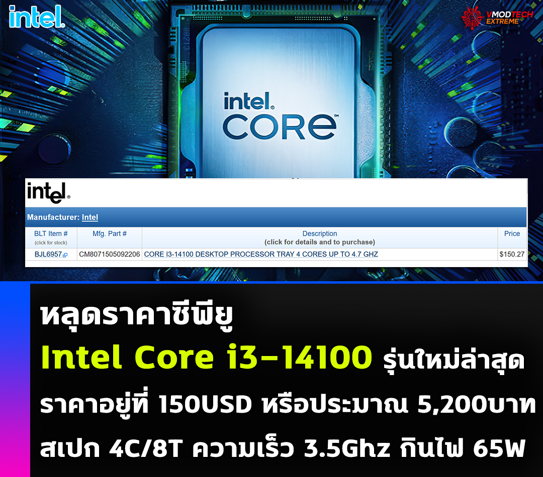 หลุดราคาซีพียู Intel Core i3-14100 รุ่นใหม่ล่าสุดราคาอยู่ที่ 150USD หรือประมาณ 5,200บาท