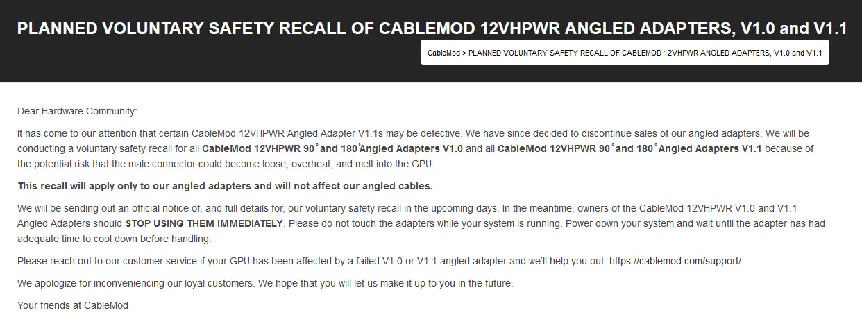 2023 12 22 21 48 11 CableMod เรียกคืนสายไฟอะแดปเตอร์แบบทำมุม 12VHPWR 1.0/1.1 พร้อมแนะนำควรหยุดใช้งานทันที