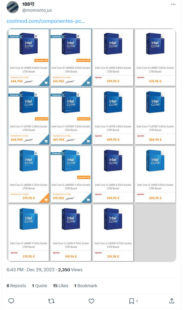 2023 12 30 13 23 08 หลุดราคาซีพียู Intel 14th Gen Core non K series จากร้านค้าปลีกในสเปนมากถึง 8รุ่น Core i9 14900 อยู่ที่ 599ยูโรและ Core i5 14500/14400 เริ่มต้นในราคา 250ยูโร