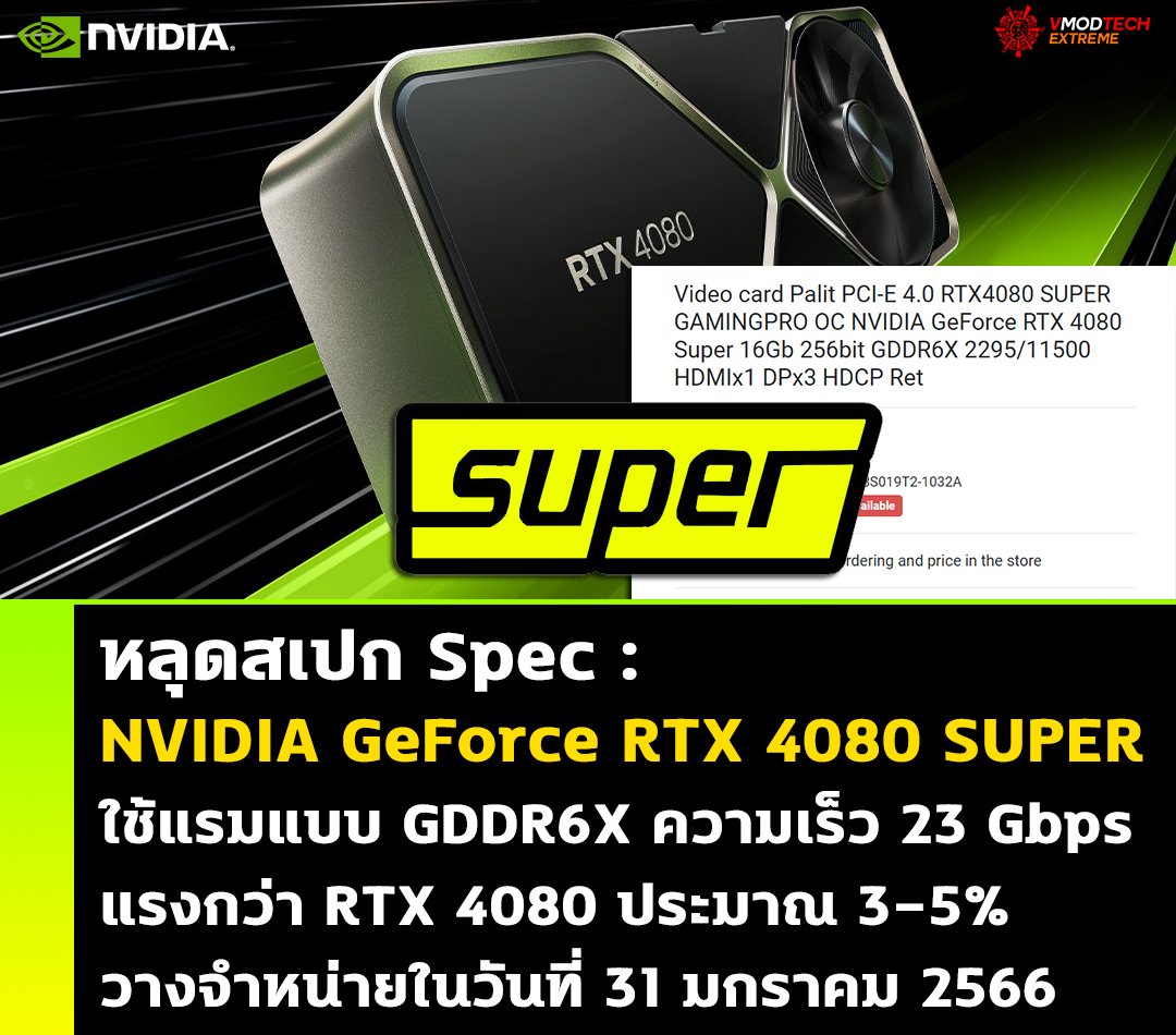 หลุดสเปก NVIDIA GeForce RTX 4080 SUPER ใช้แรมแบบ GDDR6X ด้วยความเร็วมากถึง 23 Gbps