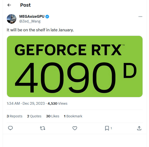 2023 12 30 15 06 11 NVIDIA GeForce RTX 4090D พร้อมวางจำหน่ายในประเทศจีนช่วงปลายเดือนมกราคม ราคาเท่ากับ RTX 4090 รุ่นปกติ